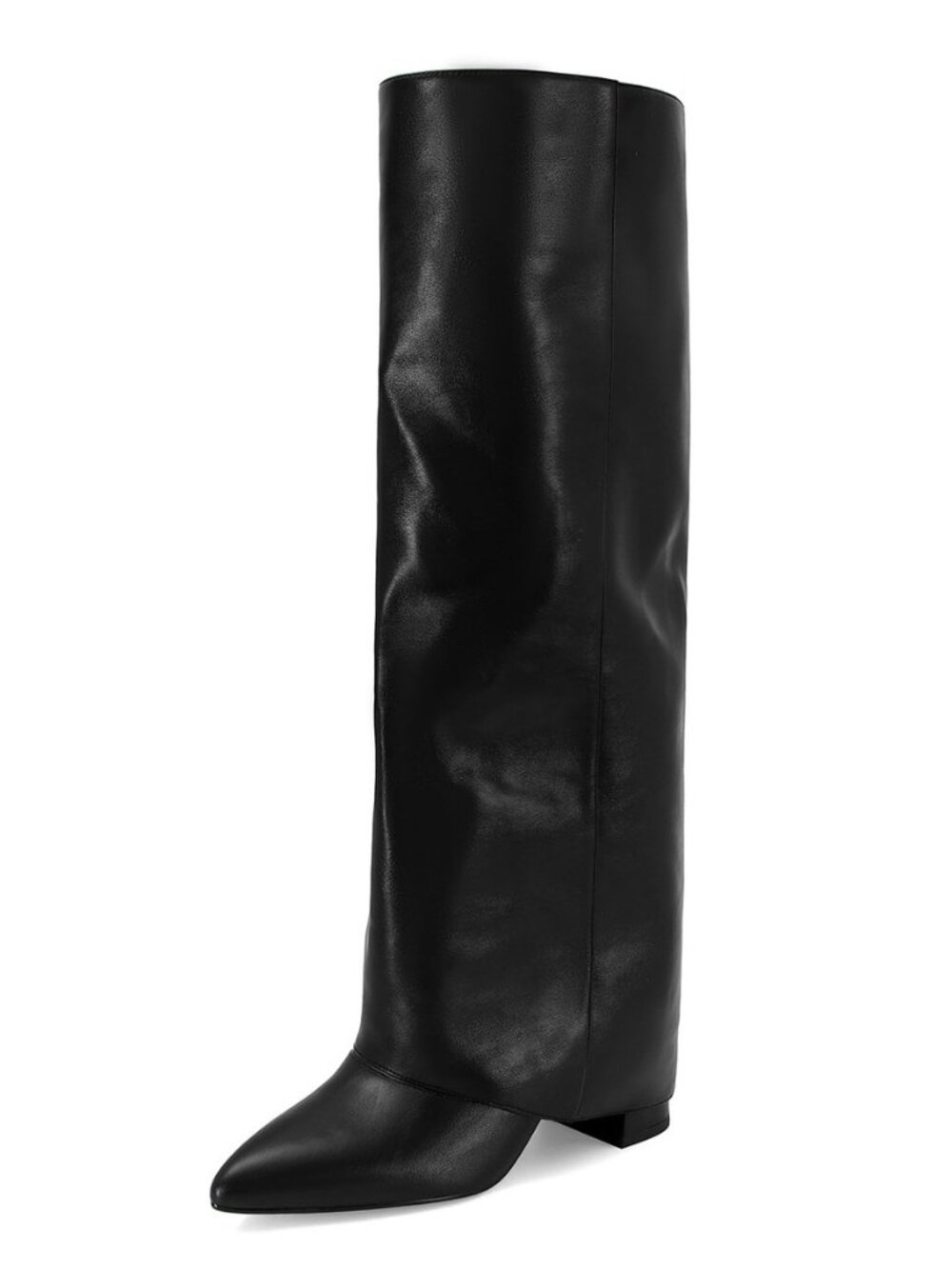 Black Leather Knee High Boots for Women Fold Over Chunky High Heel Pull on